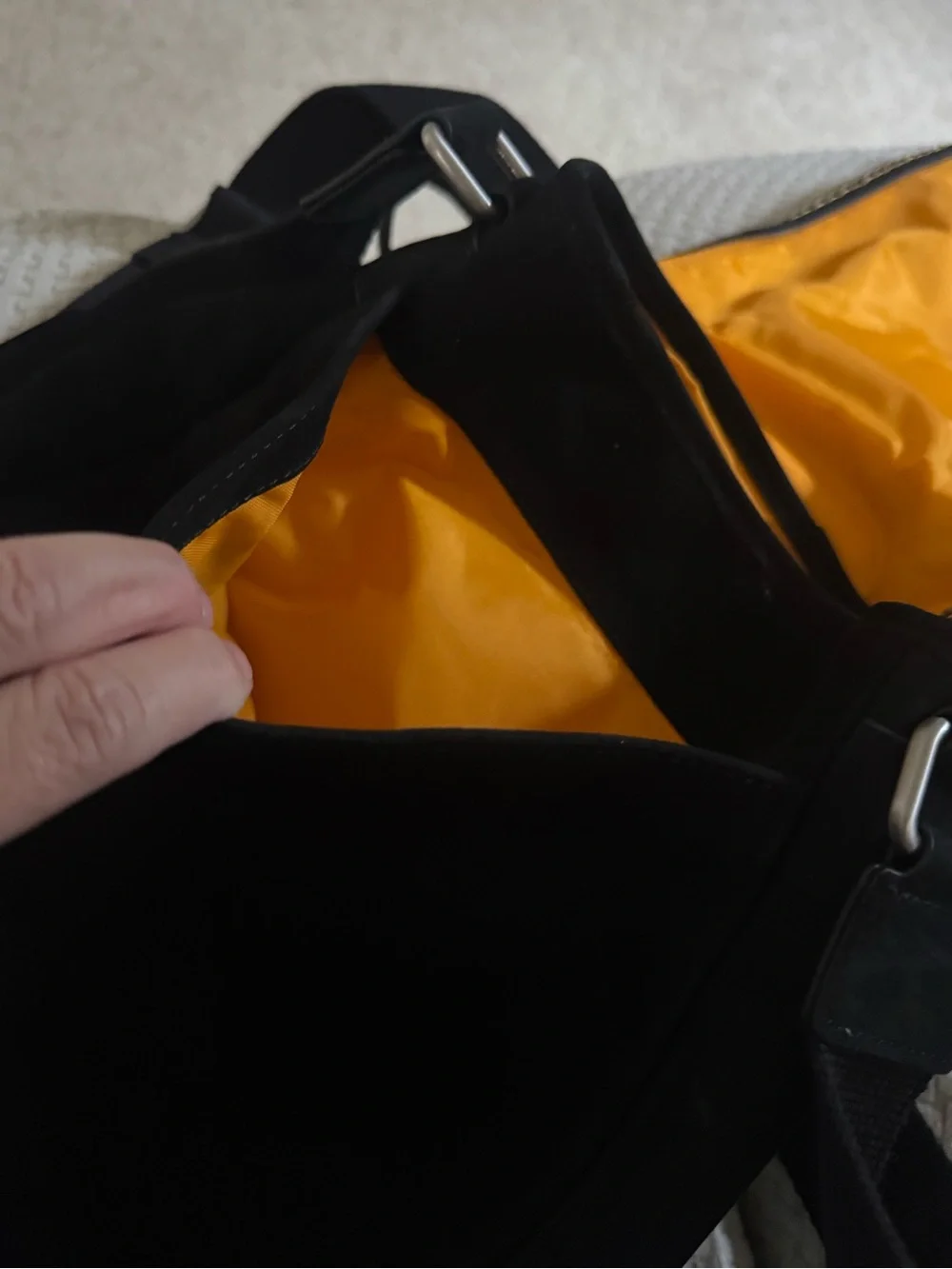 Ecco Black Suede Messenger Bag with Contrast Yellow Stitching